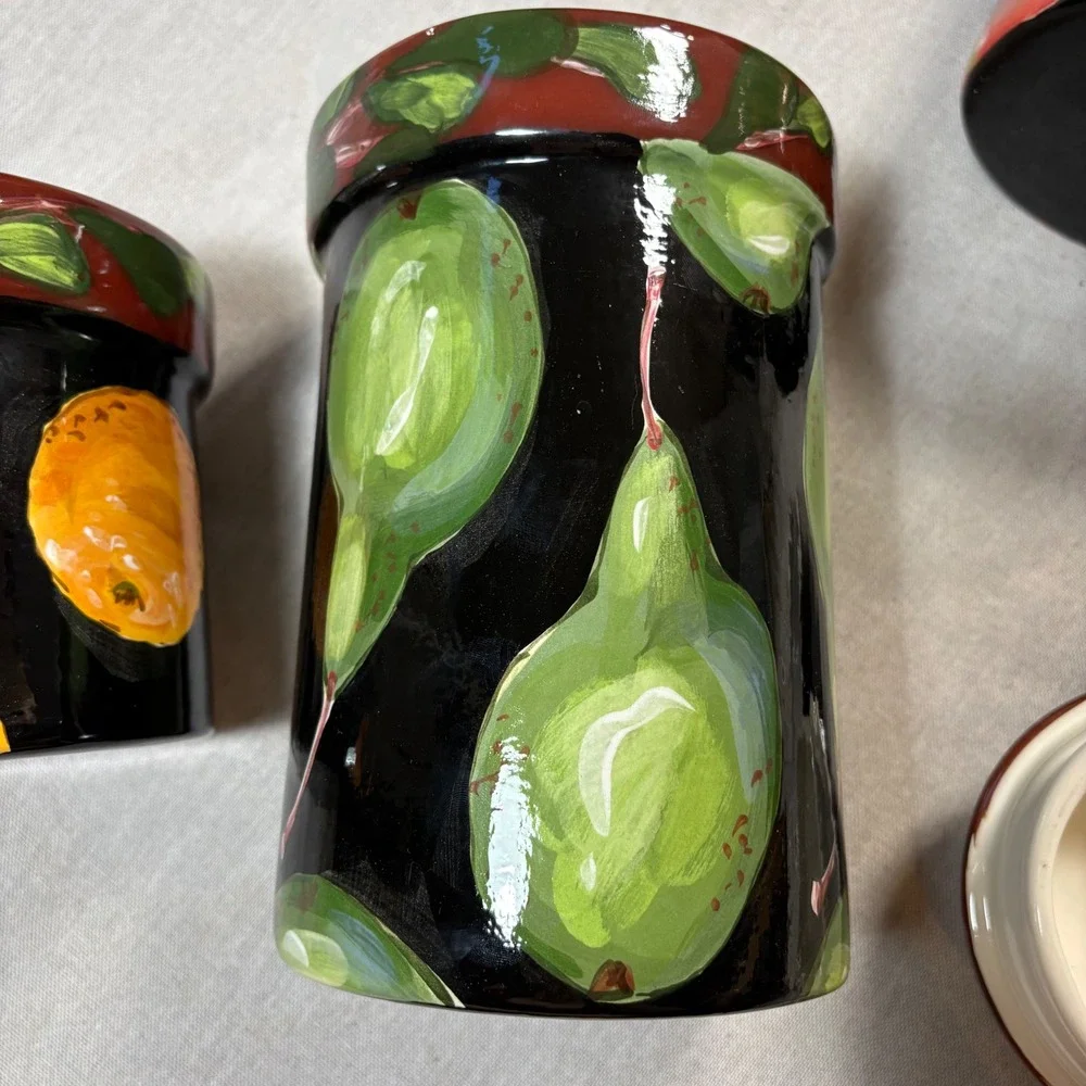 Droll Designs Hand Painted Ceramic Fruit Canister Set 3pc Cottage core Dark